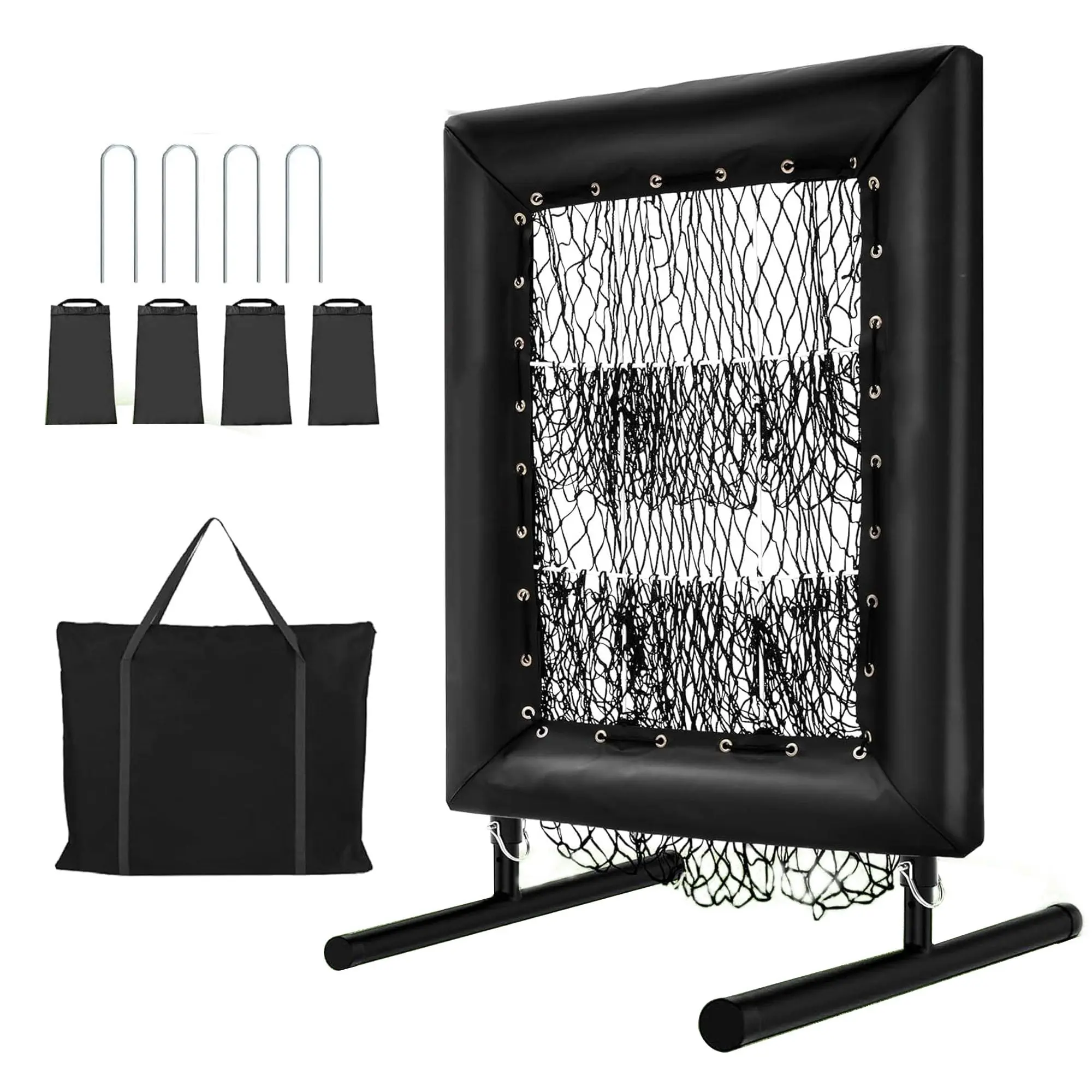 9-Hole Baseball & Softball Pitching Net with Hit Zone Aim – 5-Level Height Adjustable Rebounder Trainer – Includes Home Plate, Pitching Rubber, 4 U-Shaped Stakes & 4 Sandbags – For Batting & Pitching Practice