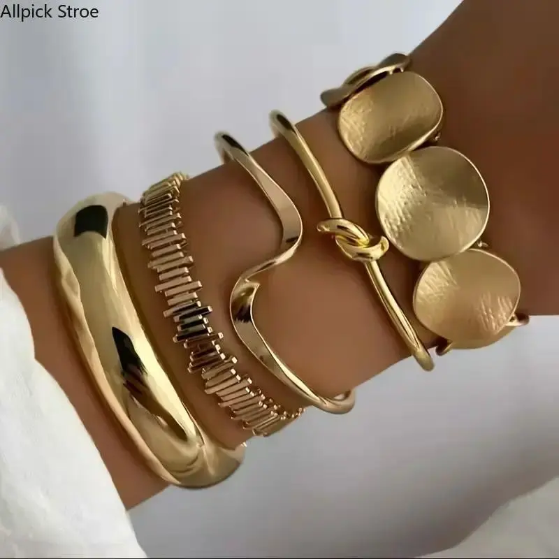 Women's 5-Piece Stainless Steel Boho Indian Stacking Charm Bangle Set - Ethnic, Italian Cuban Chain, Paperclip Links, Adjustable Size Open Wraps, Stackable Layered Cuffs for Daily Wear