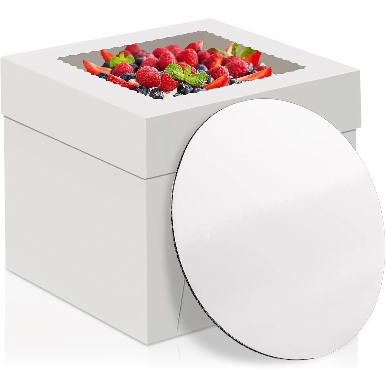 10 in Cake Box with Board, Cake Carrier Holder Container | 10×10×8 in, 2+2 Pcs, Thick Cardboard, Tall and Large, Clear Window, for Cake Pies Baked Goods Storage and Transport