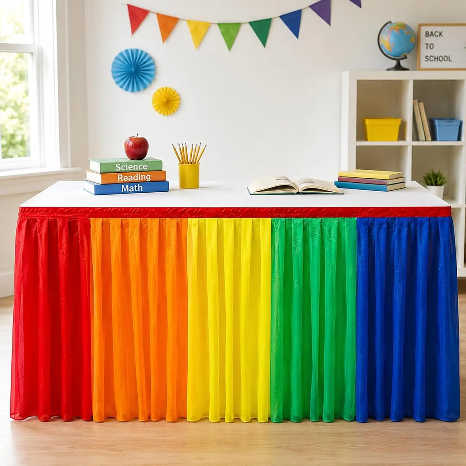 Classroom Rainbow Table Skirt, 6.6 Ft x 31 Inch Self-Adhesive Ruffled Rainbow Desk Skirts with Lining, Colorful Table Cover Skirt for Teacher Back to School Birthday Party Decoration