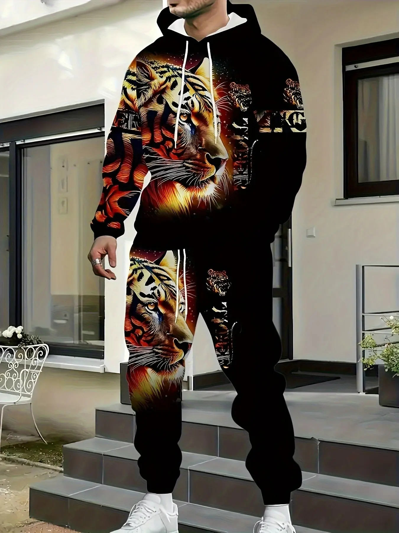 Men's Tiger Head Hoodie Set, 3D All-Over Print, Long Sleeve, Fitted, Casual Sportswear, Ankle-Length Pants, All Seasons