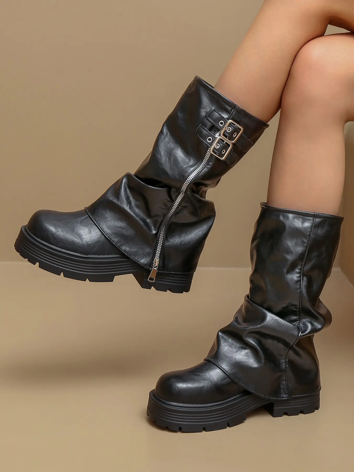 New women's ruched slouch boots, mid-calf boots with double buckle straps, side-zip platform boots; biker style, street style, retro style, suitable for trendy outings, store-hopping outfits and casual gatherings