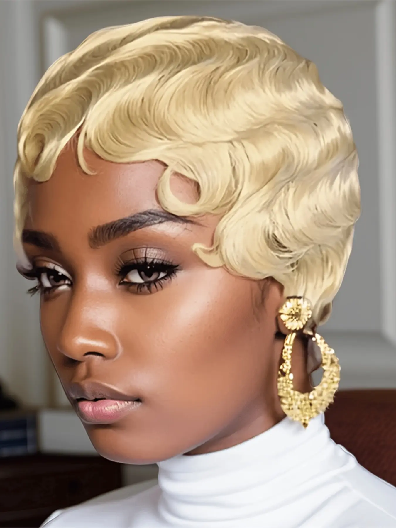 Blonde Pixie Cut Wig, Short Finger Wave Curly Machine Made Human Hair Wigs for Women, Daily Party Cosplay Use Remy Hair