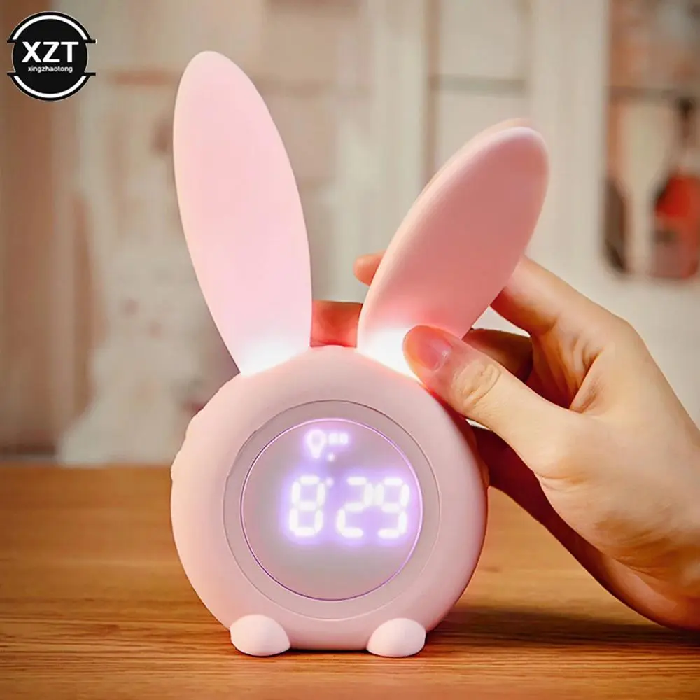 Cute Bunny Ear LED Digital Alarm Clock Electronic USB Sound Control Rabbit Night Lamp Desk Clock Home Decoration