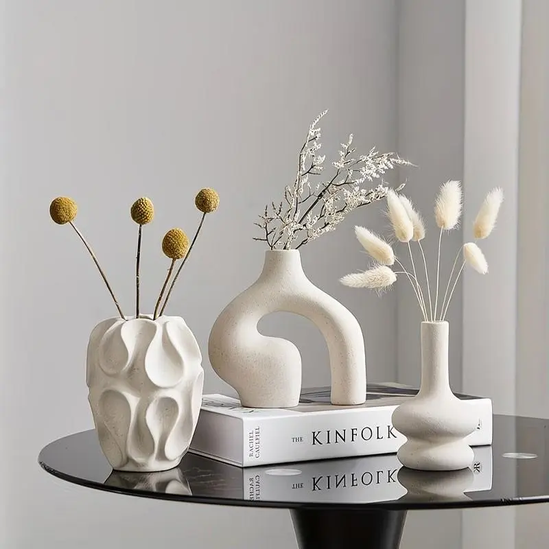 3 pieces of Bohemian ceramic vases - modern Nordic minimalist style, in circular and doughnut shapes, with geometric patterns, suitable for fashionable home decoration, living room, entrance, coffee table, decorative gifts