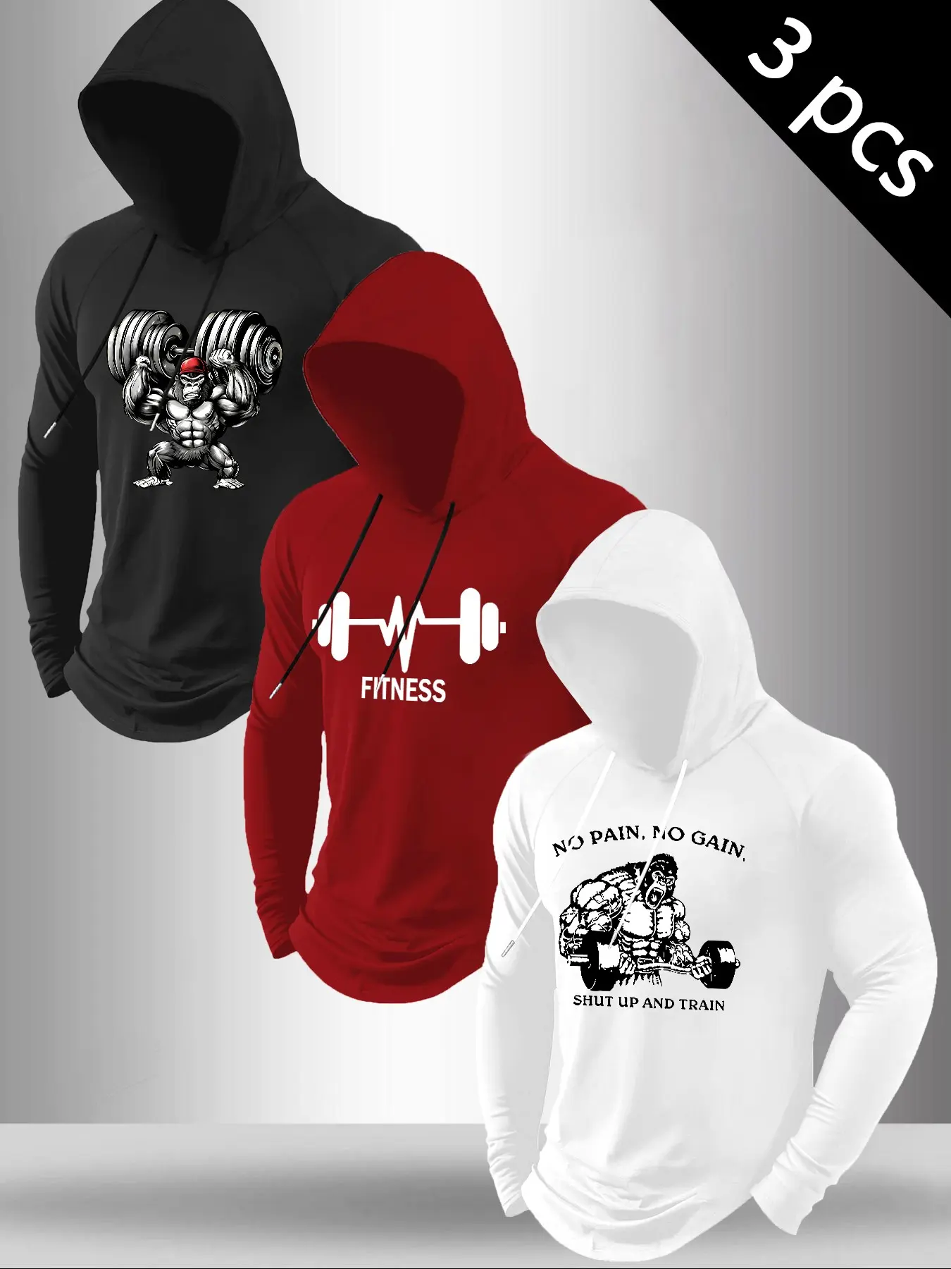3-Pack Men's Hoodie Set, Drawstring Hoodies with Graphic Print, Fitted Long Sleeve, Casual Streetwear for Gym and Daily Wear, Active Hoodies Fitness