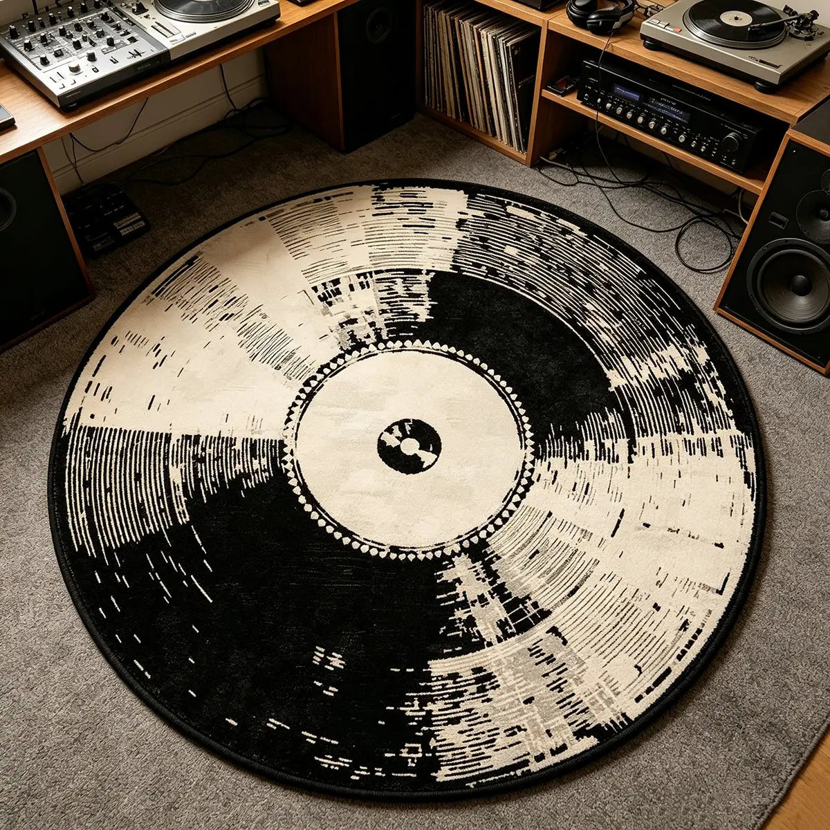 Vintage American Round Record Rug, Creative Fashion Artistic Washable Plush Carpet, Home Decor for Living Room Bedroom