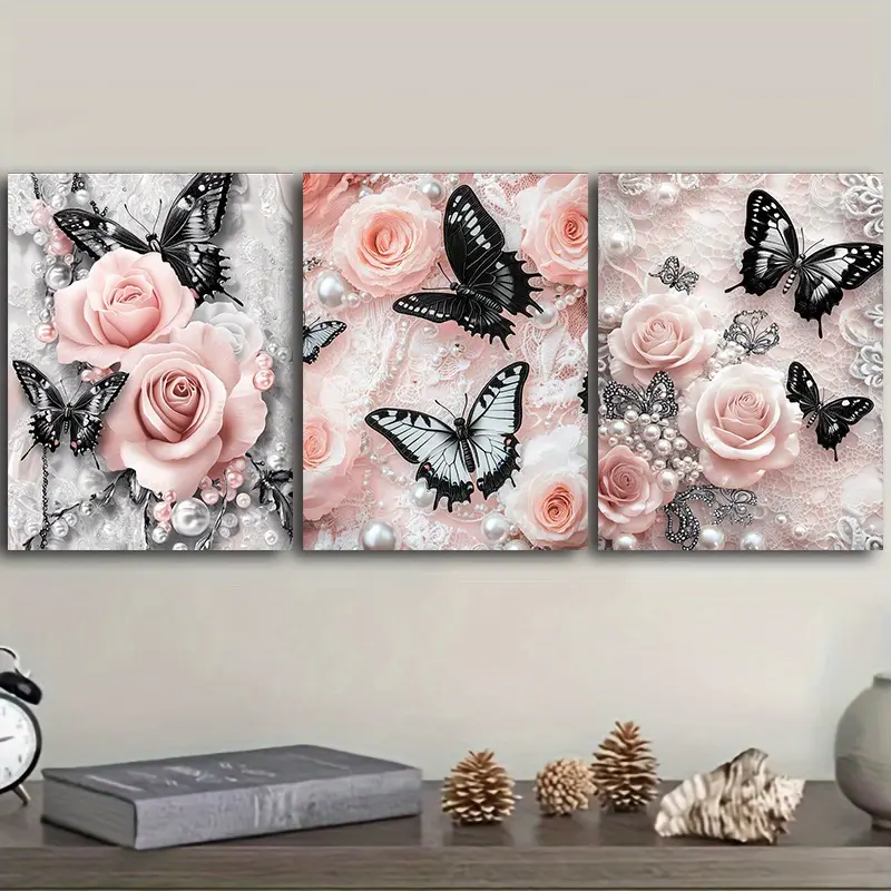 2D Flat, 3-Piece Wrapped Wooden Frame Canvas Painting - Pink Rose Black Butterfly Art Theme 2D Canvas Wall Art Print - Halloween Indoor Decoration, Home Autumn Decoration, Local Warehouse, Wall Decoration, Home Bedroom Kitchen Living Room Bathroom, Hotel