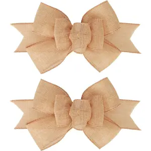 2 Pcs Natural Burlap Wired Ribbon Handmade Premade Burlap Bows for Wreaths Tree Decorations Gift Wrapping Outdoor Decoration (Natural)fidget toys
