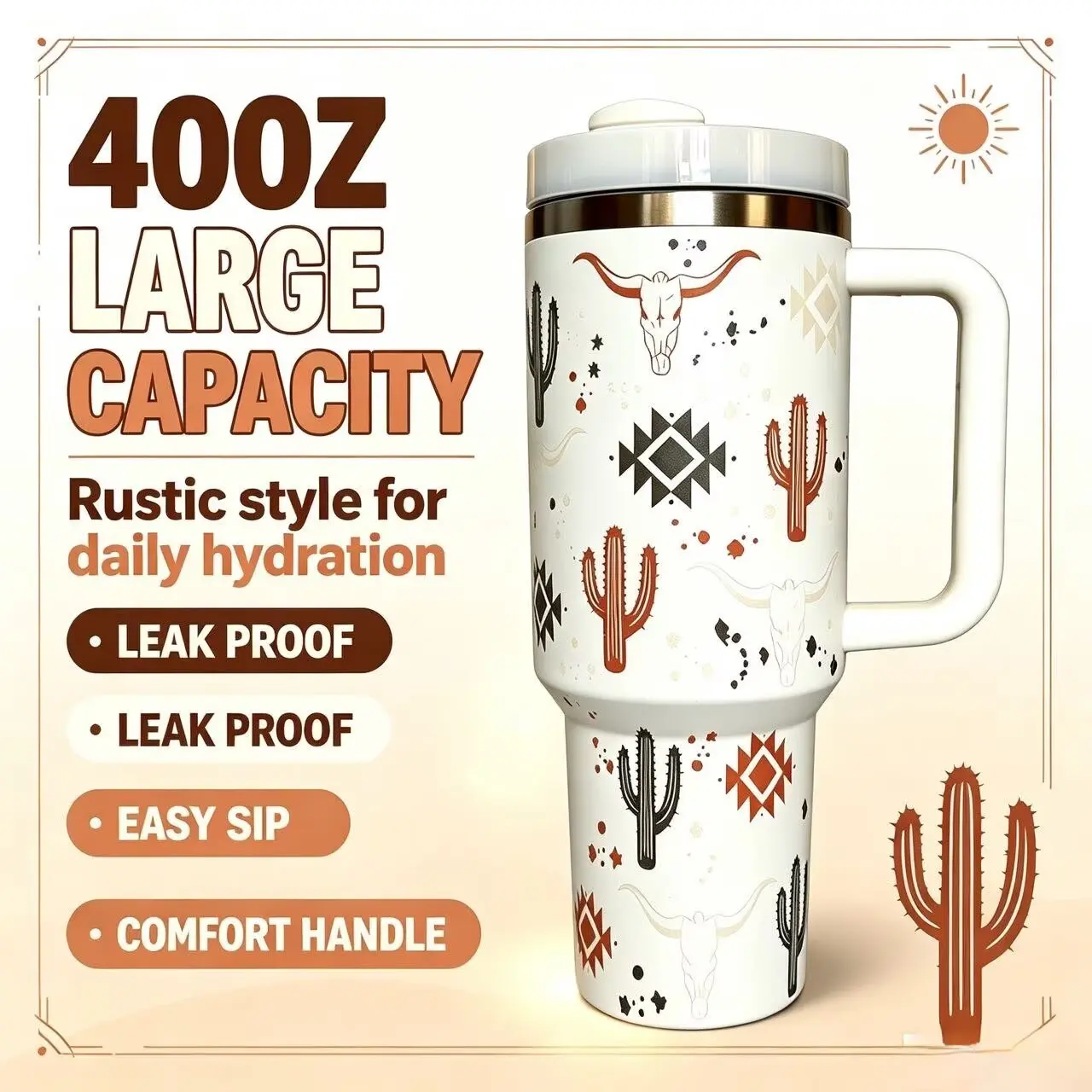 40oz Tumbler Keeps Ice All Day, Ocean Side Insulated Travel Mug with Handle, Stainless Steel Cup for Cold Hot Drinks, Casual Print Style