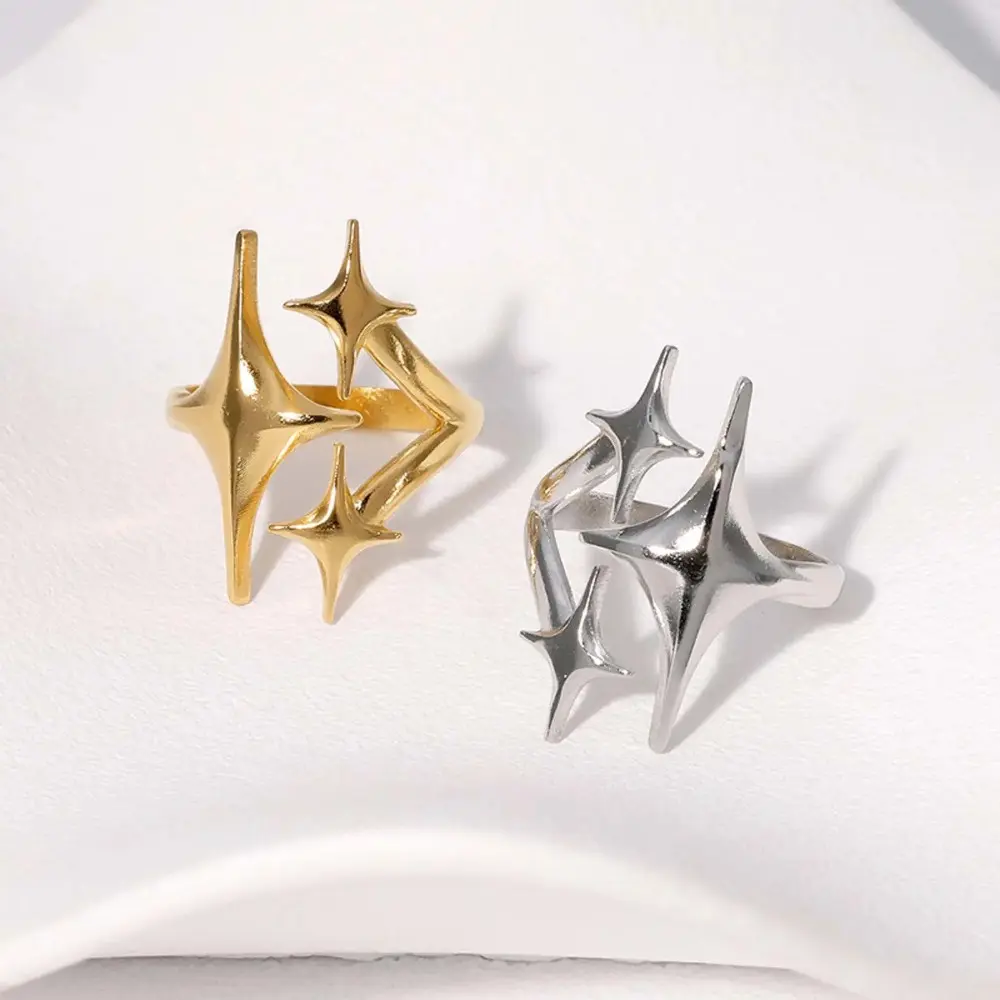 Minimalist 3D Double Four-Pointed Star Open Adjustable Ring Anti-Tarnish Stainless Steel Two-Tone Gold Silver Geometric Star Statement Finger Jewelry For Women Daily Casual Wear & Gifting