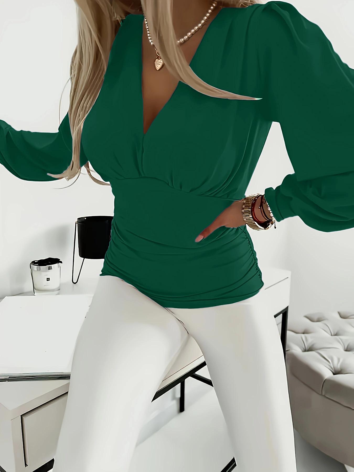 Women's Solid Ruched Deep V Neck Blouse Shirts, Casual Fitted Long Sleeve Top for Spring & Fall, Women's Clothes for Daily Wear, Womenswear, Feminine
