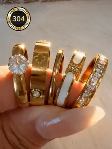 5 Piece Fashion Stainless Steel 18k Gold Plated Waterproof Non-Fading French Minimalist Rhinestone Clover Ring Set Elegant Everyday Ring Stackable Rings