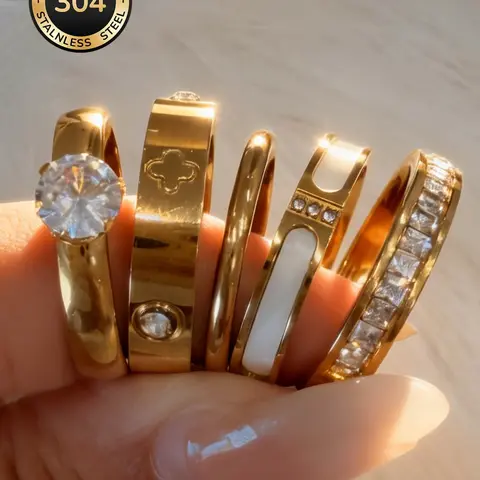 5 Piece Fashion Stainless Steel 18k Gold Plated Waterproof Non-Fading French Minimalist Rhinestone Clover Stunning Ring Set Beautiful Rings Elegant Everyday Ring Stackable Rings
