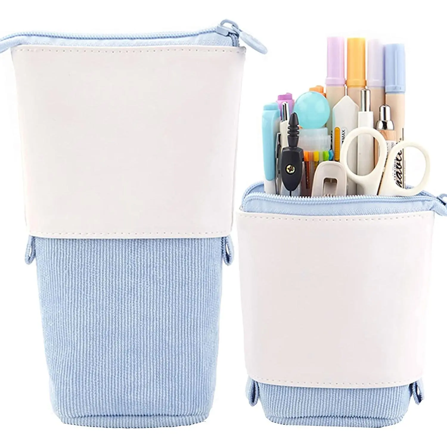 Telescopic Pencil Bag Pen Holder Stationery Case, PU Corduroy Stand-up Retractable Transformer Bag Colorful Organizer,  for Christmas Holiday (Blue)