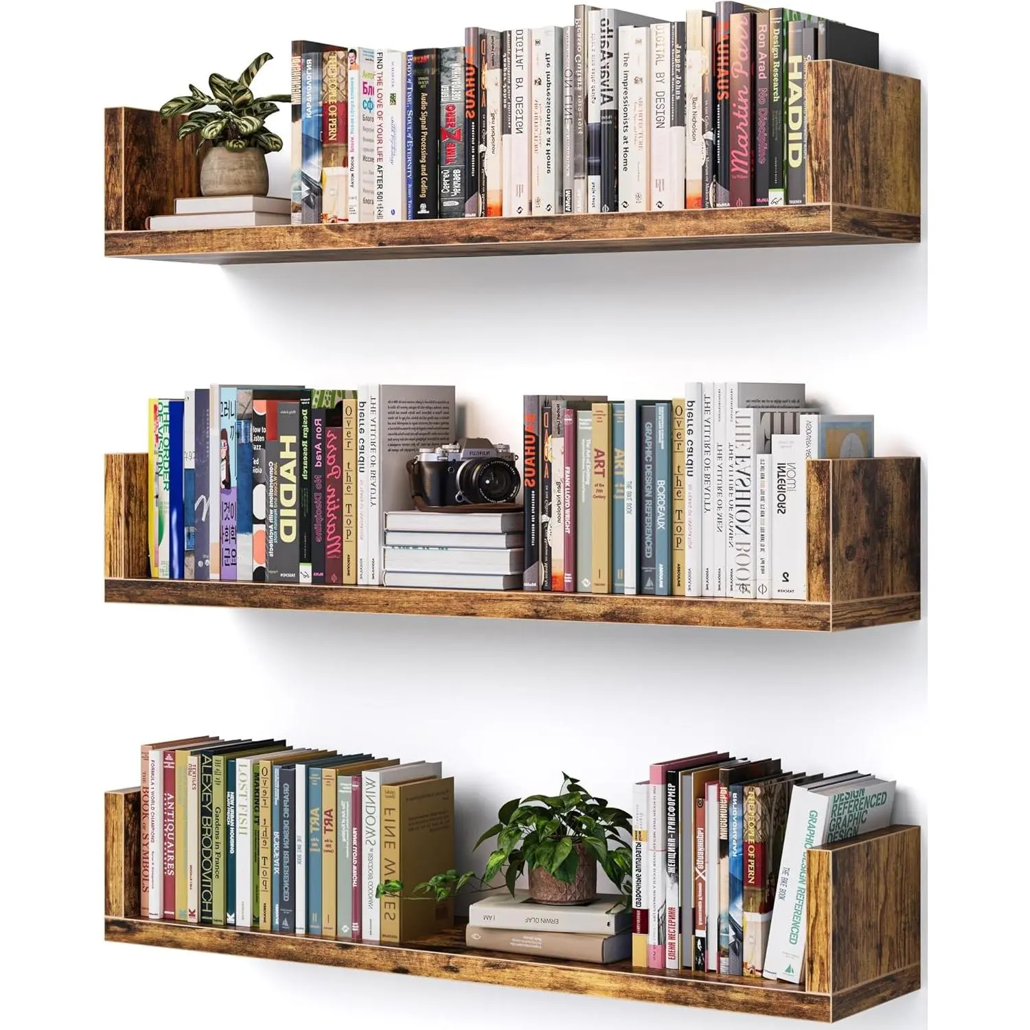 Wall Bookshelf, Set of 3, U Floating Bookshelf, Bookshelves for Wall, Wall Mounted Shelves for Living Room Bedroom Office (Rustic Brown, 17 Inches, 3)