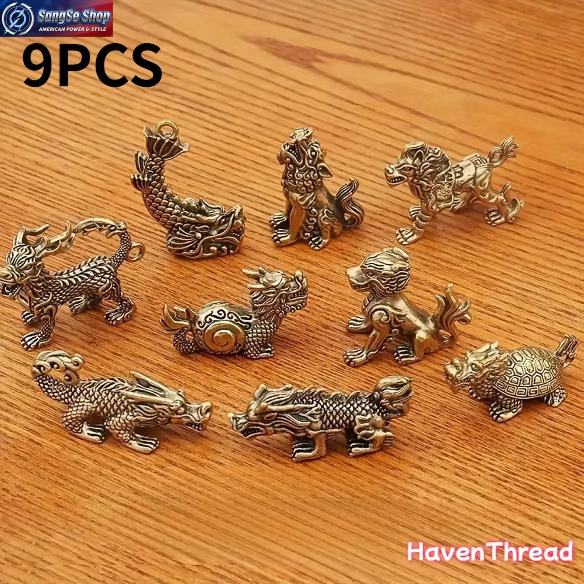 9PCS Vintage Brass Dragon Figurines Set, Chinese Mythical Dragon Sons Mini Collectible Statues, Feng Shui Home Office Desk Decor, Lucky Display Ornaments, Shelf Decoration, Meditation Space Accent & Unique Gift, Room Decor, House Decor
