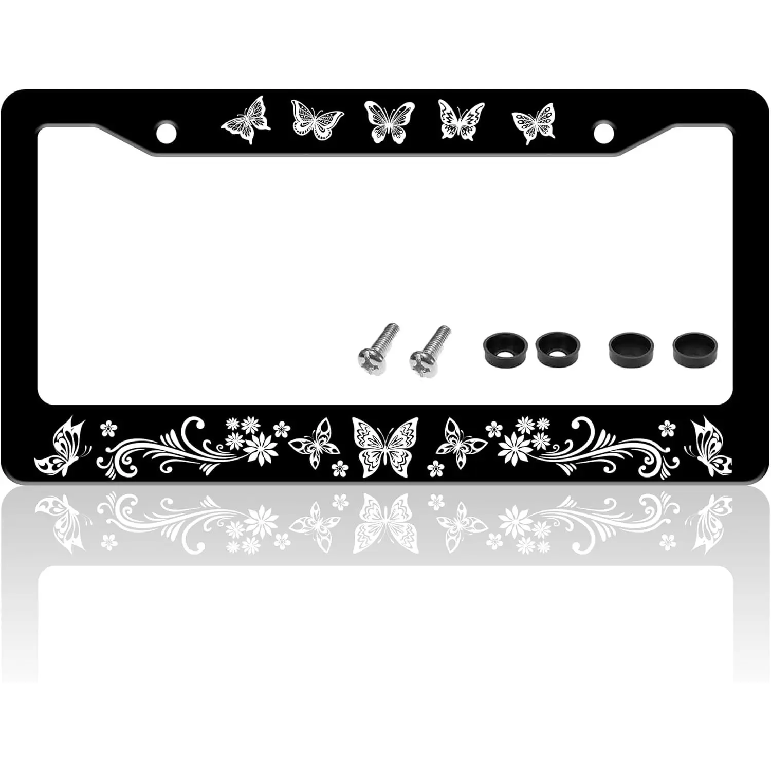 Beautiful Butterfly License Plate Frame - Cute Floral Stainless Steel License Plate Holder for Front or Rear Car Tags, Aesthetic Car Decoration with Screws, Fits Standard 12.2" x 6.3" Vehicles
