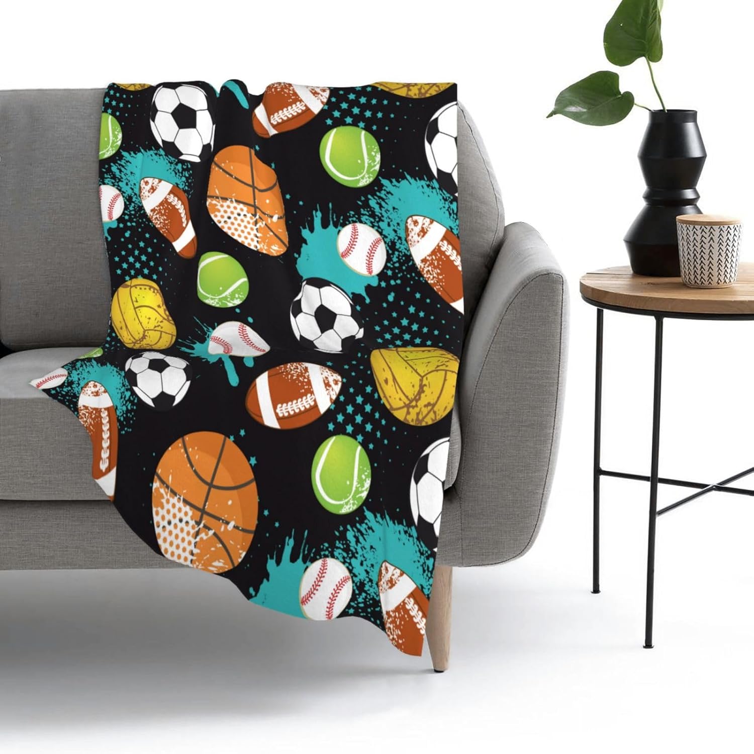 Basketball Soccer Football Baseball Fun Ball Throw Blanket Soft Bed Bedding Warm Cozy Plush Flannel Fleece Blankets Gifts for Kids Boys Teens, Sofa Couch Bedroom Home Decor, 50"x40"