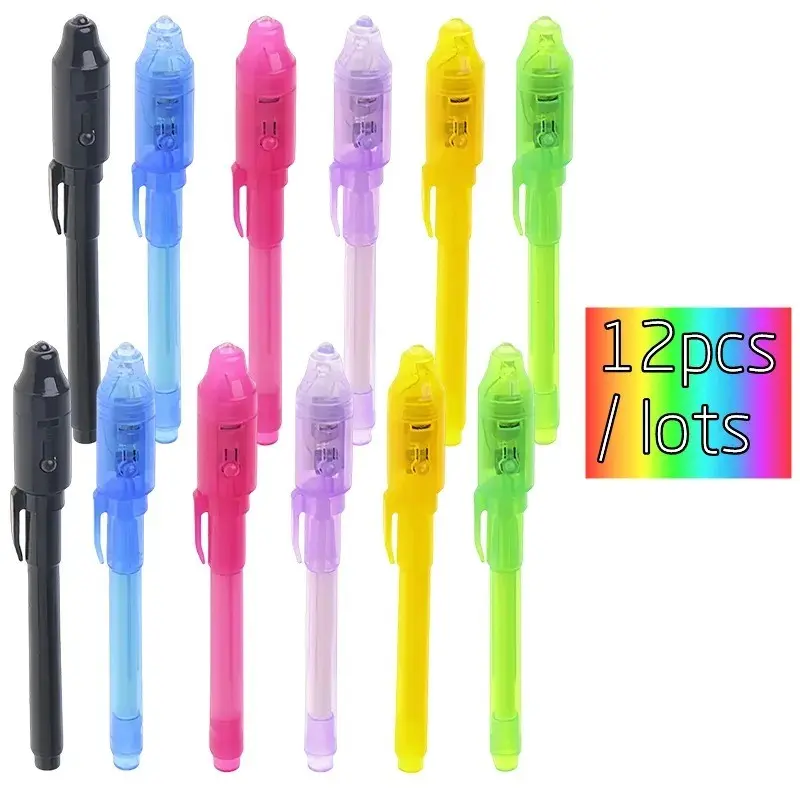 12pcs Luminous Light Pen Magic Purple 2 in 1 UV Black Light Combo Drawing Invisible Ink Pen Learning Education Toys for Child Highlighter Pen