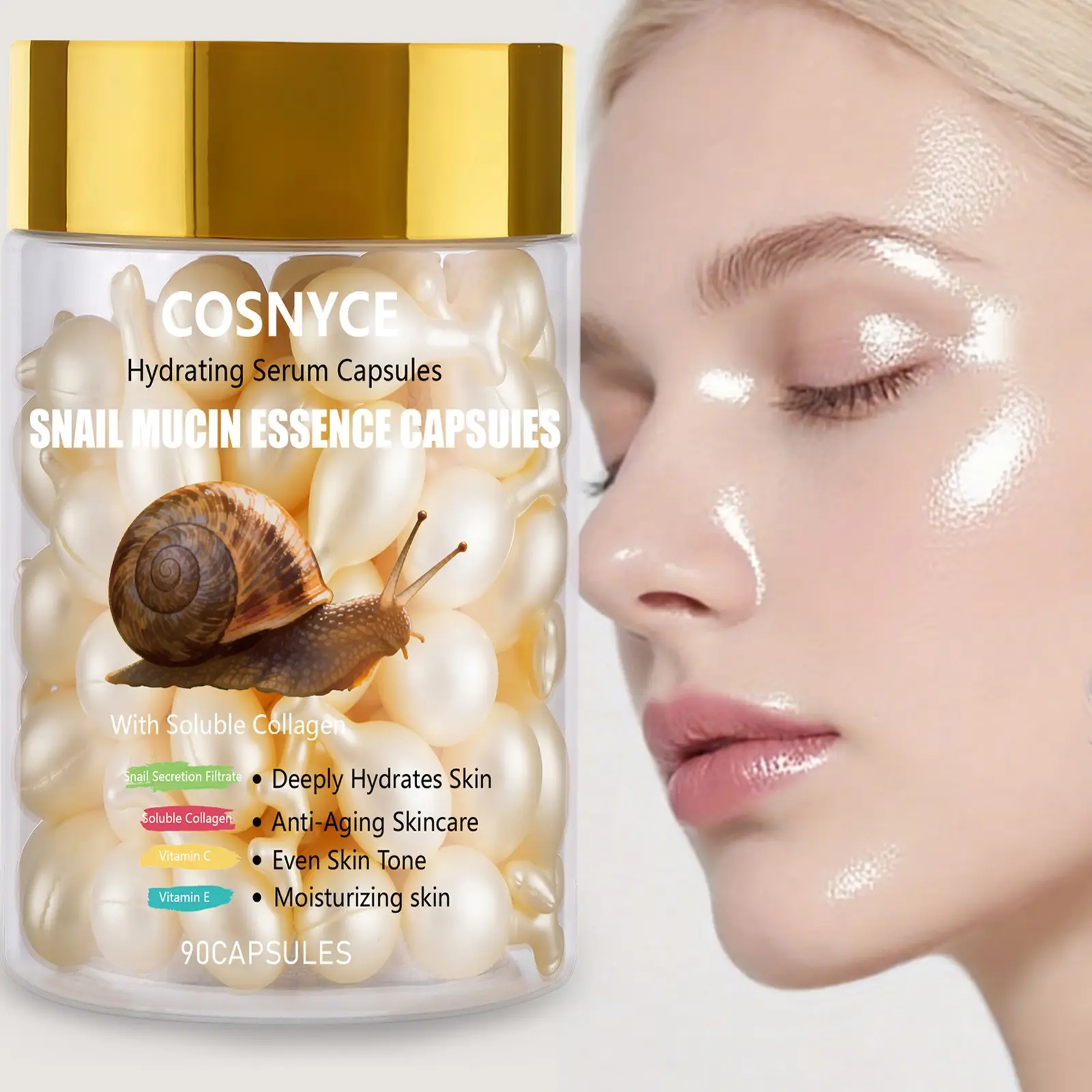 Cosnyce Snail Mucus Essence Capsules with Vitamin E Skincare, Hydrating & Firming Serum for Face Care, Natural Ingredients, Snail Mucin, Firming Moisturizing Serum, Anti Aging Formula, Firming Deep Hydration