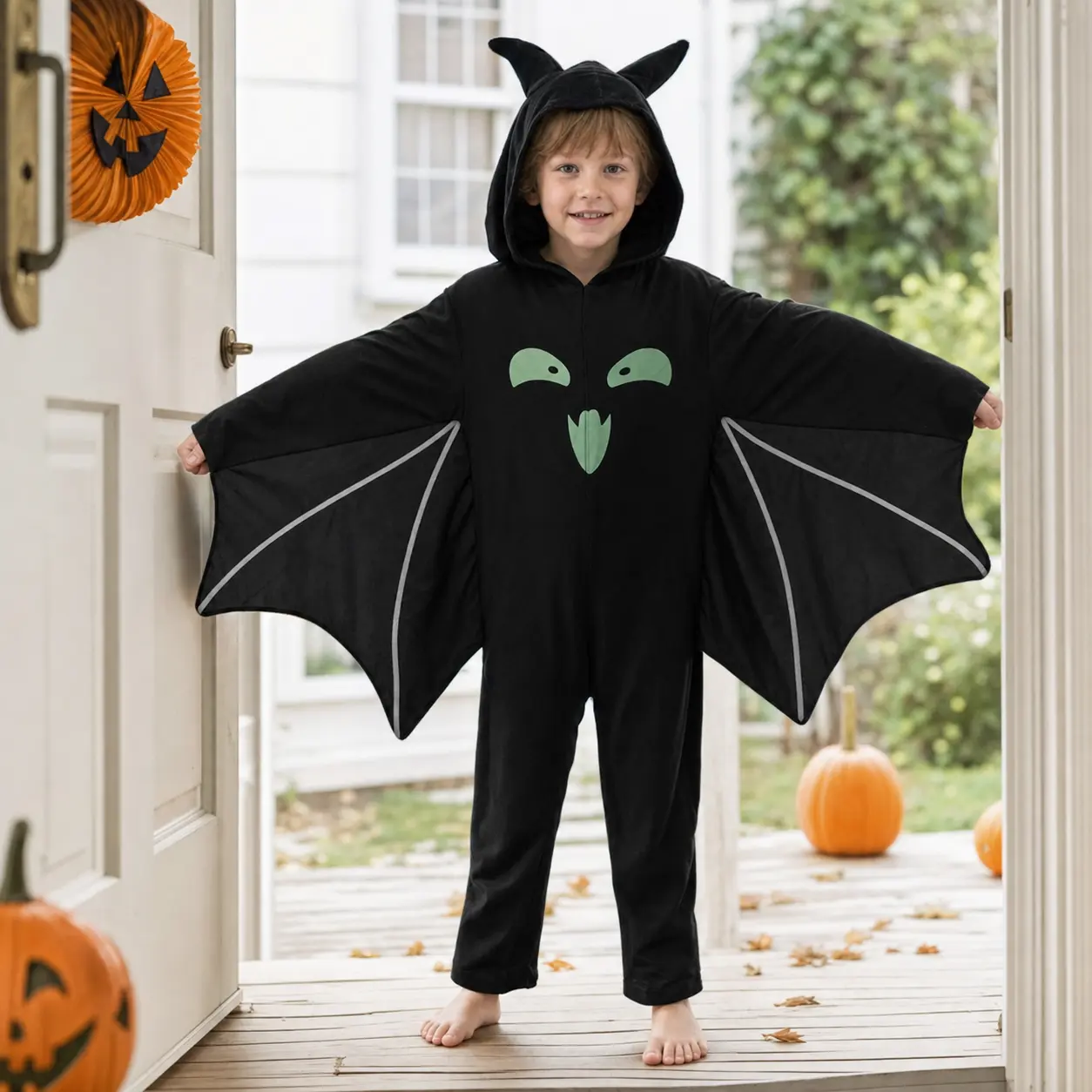 Kids' Polyester Animal-Theme Cartoon-Look Bat Halloween Costume with Hooded Wing Cape, Glow-in-the-Dark Multi-Size Outfit for Boys & Girls, Spooky Cute Trick-or-Treat Party Cosplay Dress-Up