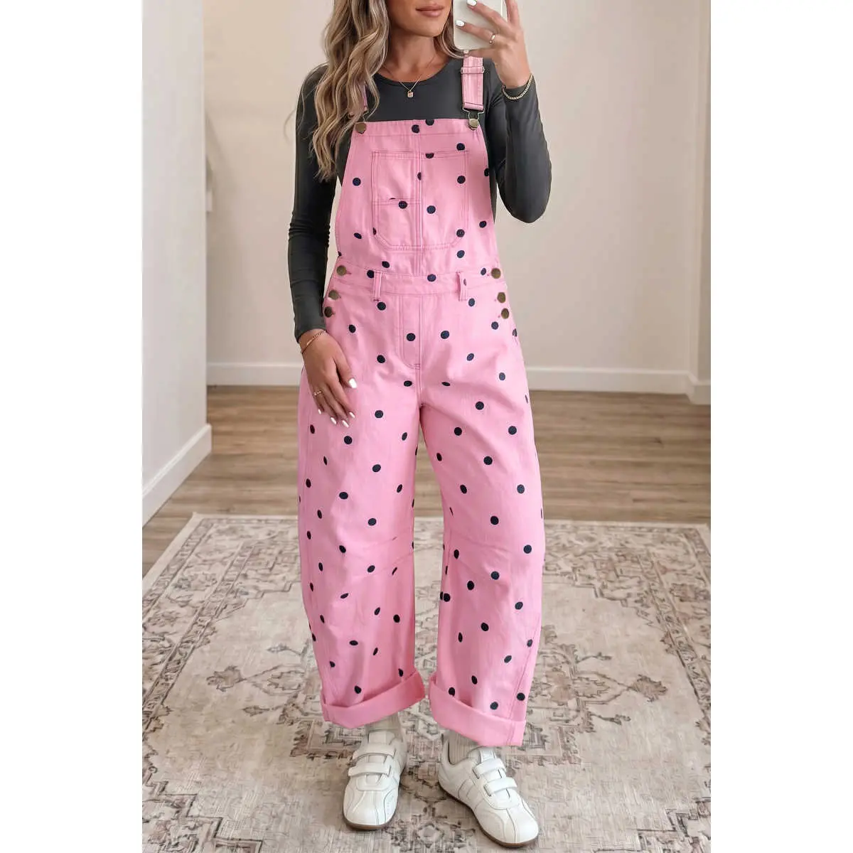 Women's Polka Dot Cotton Jumpsuit, Casual Denim Barrel Leg Overalls with Adjustable Straps and Front Bib Pocket, Cotton Jumpsuits, Fashion Apparel, Rompers, 100%Cotton, Fits, Relaxed Fit, Cute, Strappy, Jumpsuits For Women