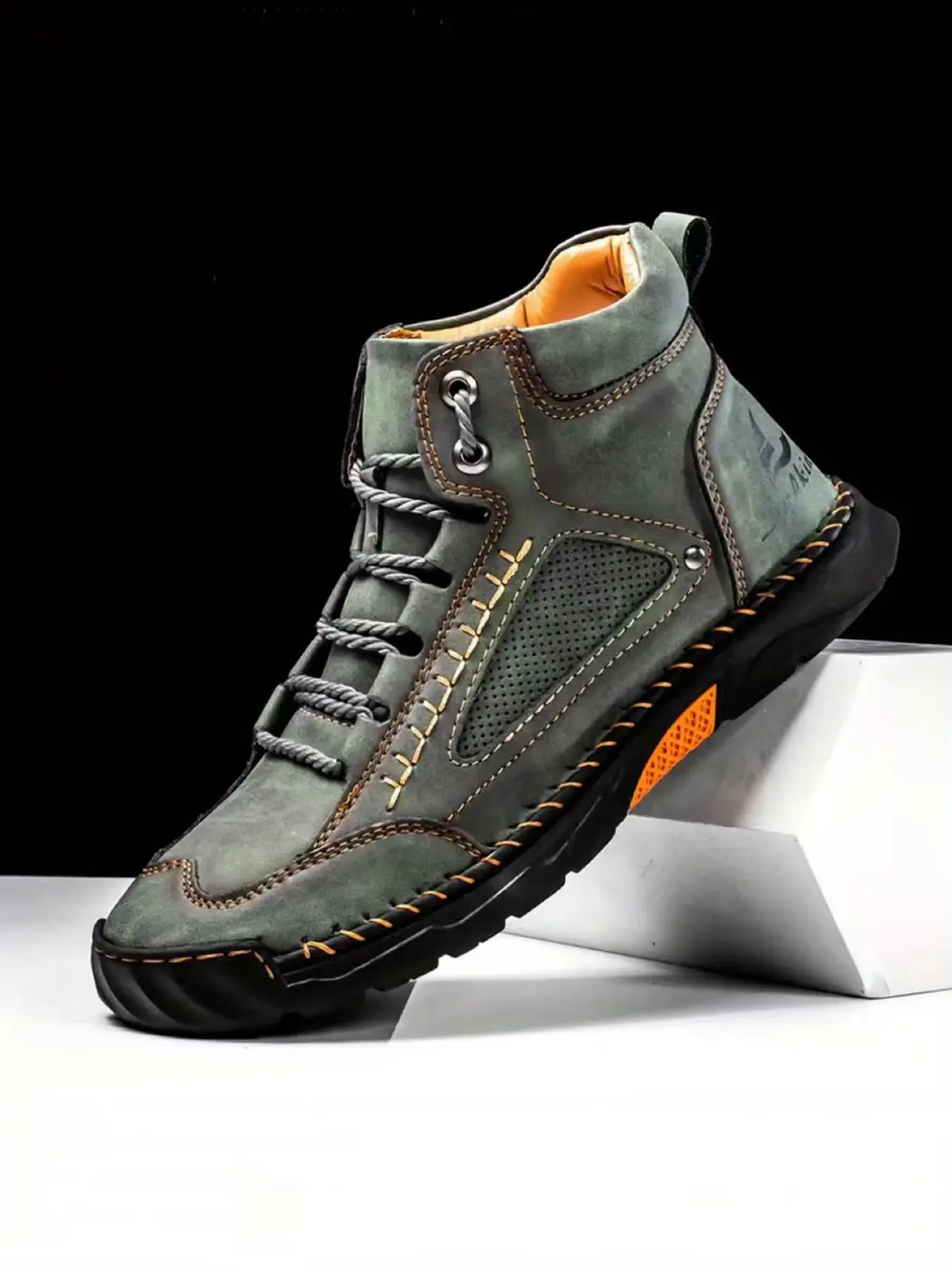Men's Hand-Stitched PU High-Top Boots, Fashion Lace-Up Ankle Boots, Comfortable Walking Shoes, Anti-Slip Rubber Sole, Outdoor Hiking, All Seasons