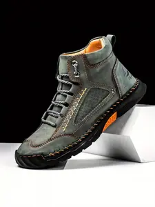 Men's Hand-Stitched PU High-Top Boots, Fashion Lace-Up Ankle Boots, Comfortable Walking Shoes, Anti-Slip Rubber Sole, Outdoor Hiking, All Seasons