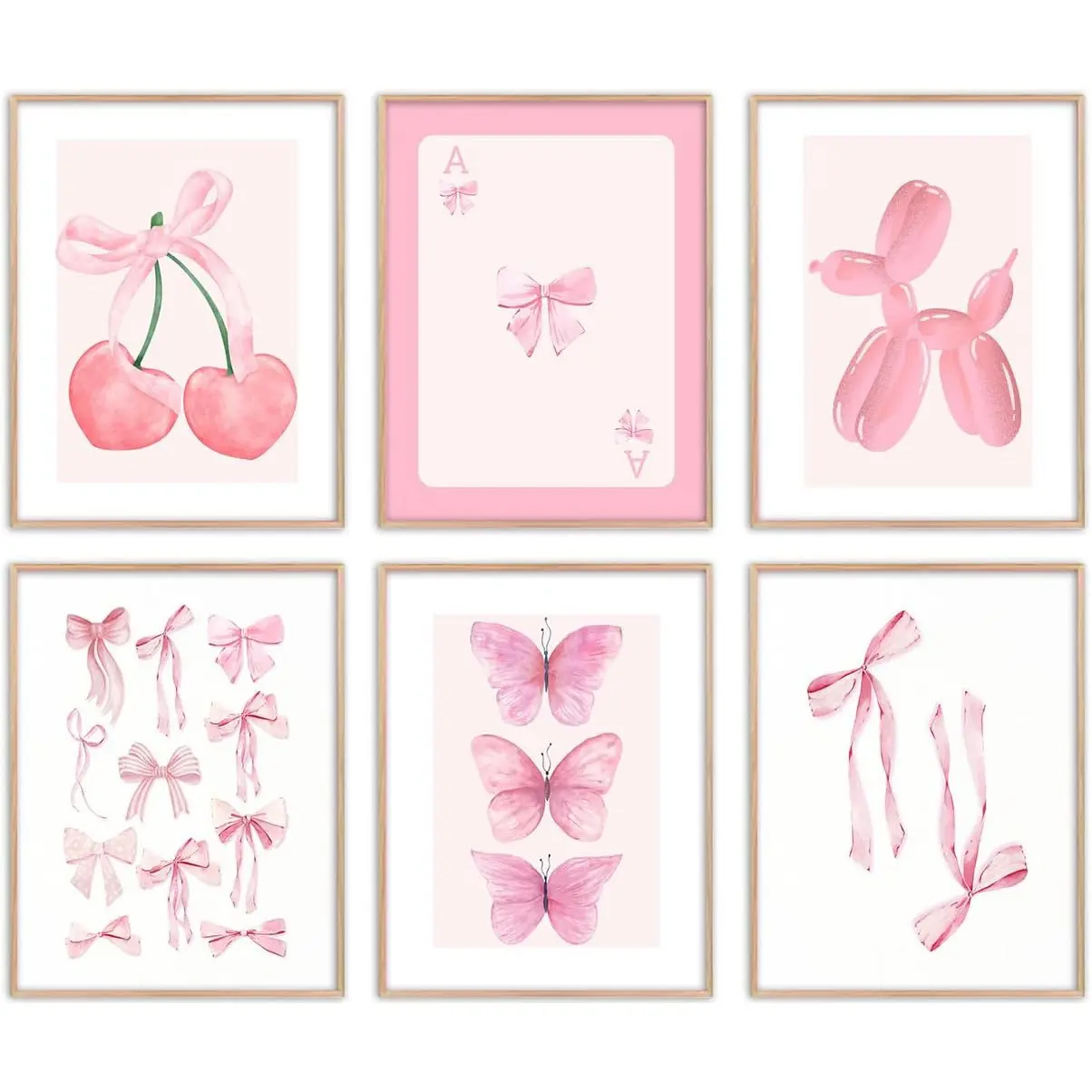 6PCS/Set Pink Room Decor, Trendy Pink Bows Wall Art for Girl Room Decor, Cute Coquette Wall Decor, Coquette Posters, Pink Room Decor Preppy Room Decor Aesthetic, Coquette Bow Prints Ball Cherry Bow Room Decor for College Dorm Apartment Decor -UNFRAMED