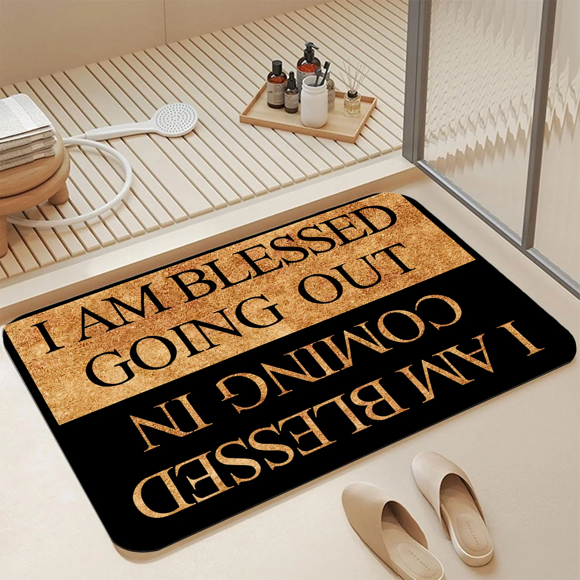 Black Gold Glitter Inspirational Quote "I Am Blessed Going Out Coming In" Religious Faith Print Diatomaceous Earth Bath Mat, 16*24 Inch |   Ultra Fast Water Absorbent Quick Dry Non Slip Anti Mildew Soft Diatomite Shower Floor Mat Easy Wipe Clean Christian