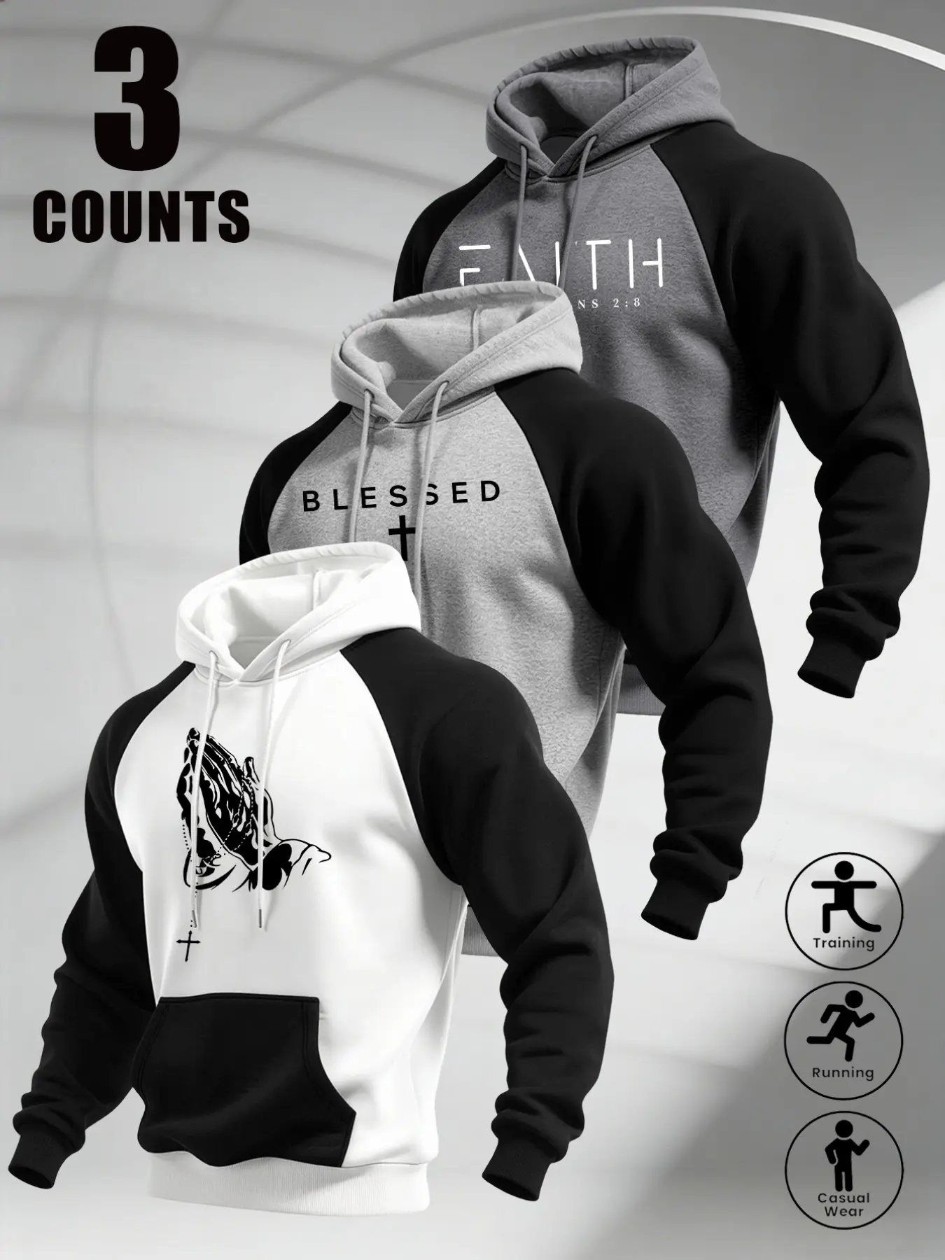 3 Counts Raglan Sleeve Pullover Hoodie, Faith Blessed Praying Hands Cross Letter Print, Drawstring Kangaroo Pocket Soft Casual Religious Sweatshirt for Daily Sports Outfits#FaithHoodie #ReligiousStreetwear #CrossPrintSweatshirt #CasualSportsWear