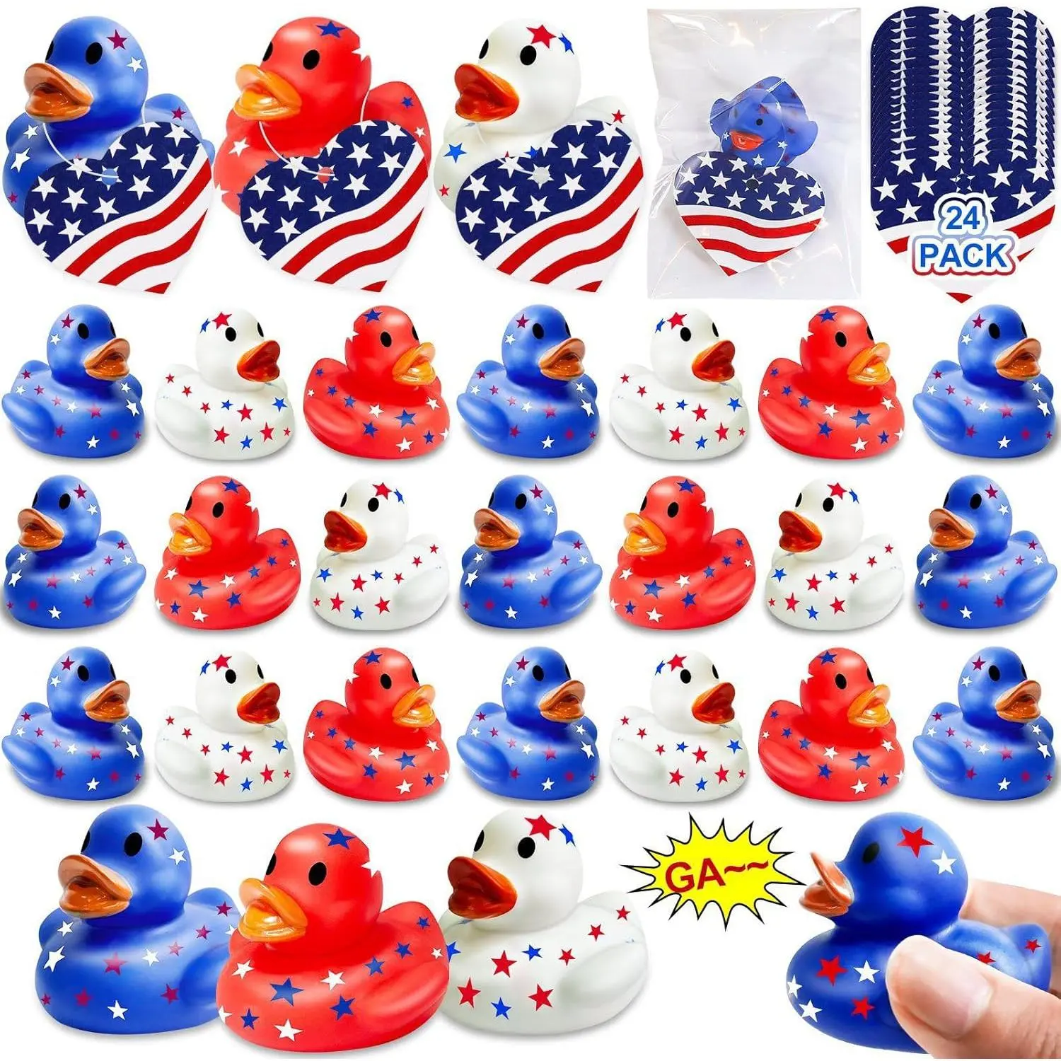 24 Pack 2'' Patriotic Rubber Ducks with Cards 4th of July Party Favors 250th Anniversary Baby Bath Toys Mini Duck Squeeze Squeak Summer Beach Pool Fourth July Supplies Red White Blue Gift Memorial Dayfidget toys