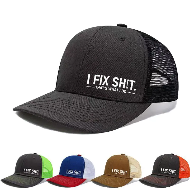 Mechanic-Themed Hat for Men, Funny "I Fix Shit That's What I Do" Bold Printed Chatty Humorous Slogan Mesh Adjustable Snapback Trucker Baseball Hat, Hats, Bold Printed Phrase Hats