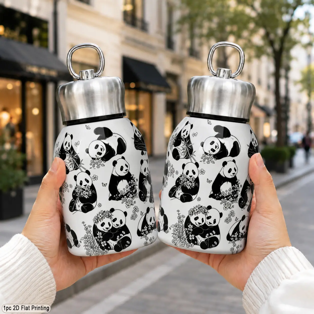 10oz/300ml 316 Stainless Steel Pocket Insulated Water Jug, with Adorable Panda Floral Print, Long Lasting Heat Cold Preservation Leakproof with Loop Handle, for Outdoor Sports, Great as Student Back-to-school Gift