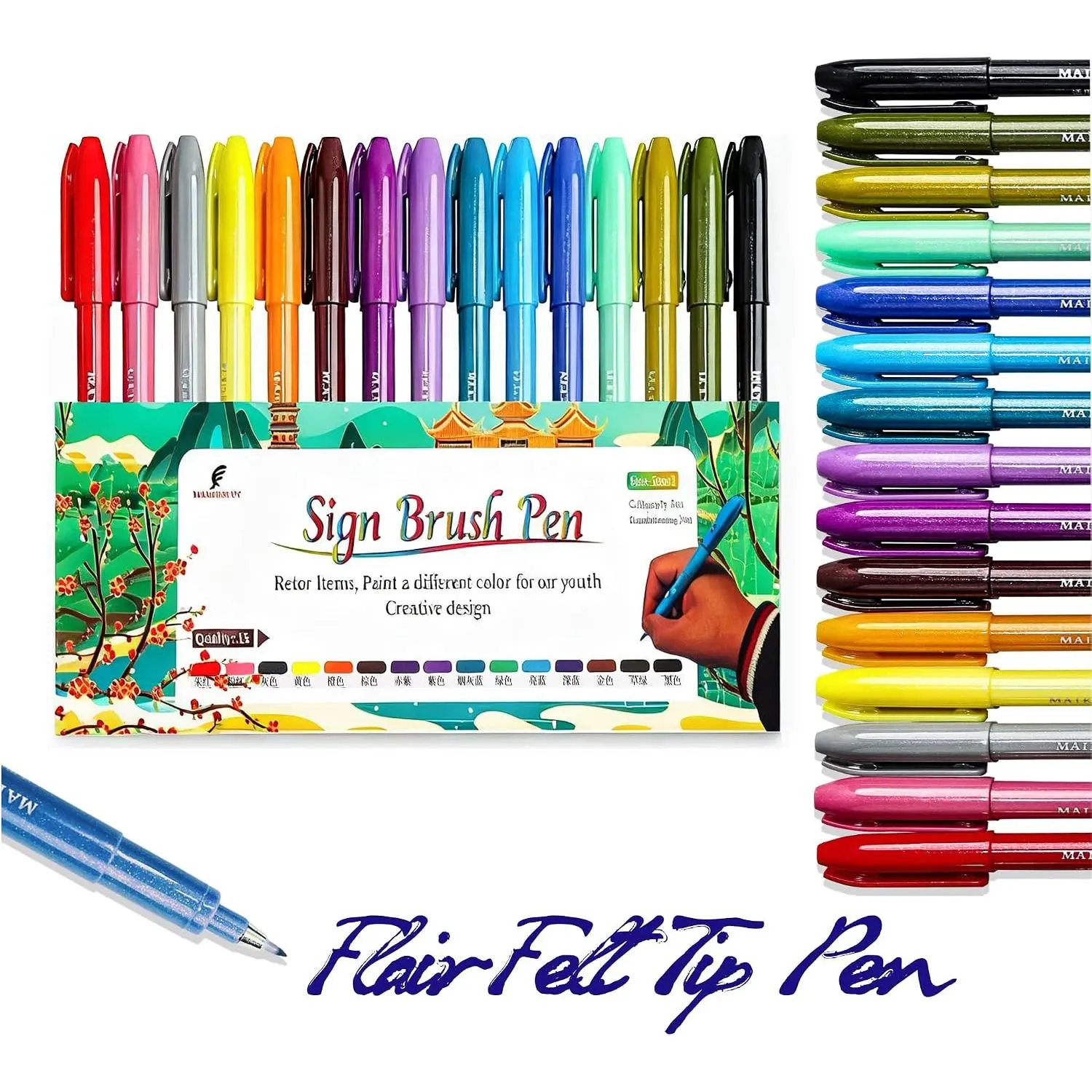 Sign Brush Pen, 15 count Calligraphy pen Flair Pens Fine Point(0.4mm)  Colors, Felt Tip Pens Art Brush Marker, Journaling Pen Set for Beginners Adult Hand Lettering Calligraphy