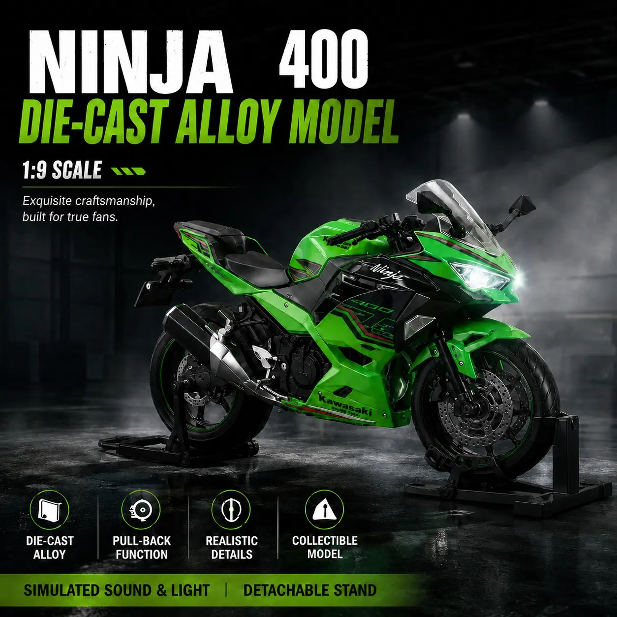 Ninja400 Dynamic Edition 1:9 Alloy Scale Collectible Motorcycle Model, Realistic Start Function, Perfect Gift for Collectors, High-End Display Piece