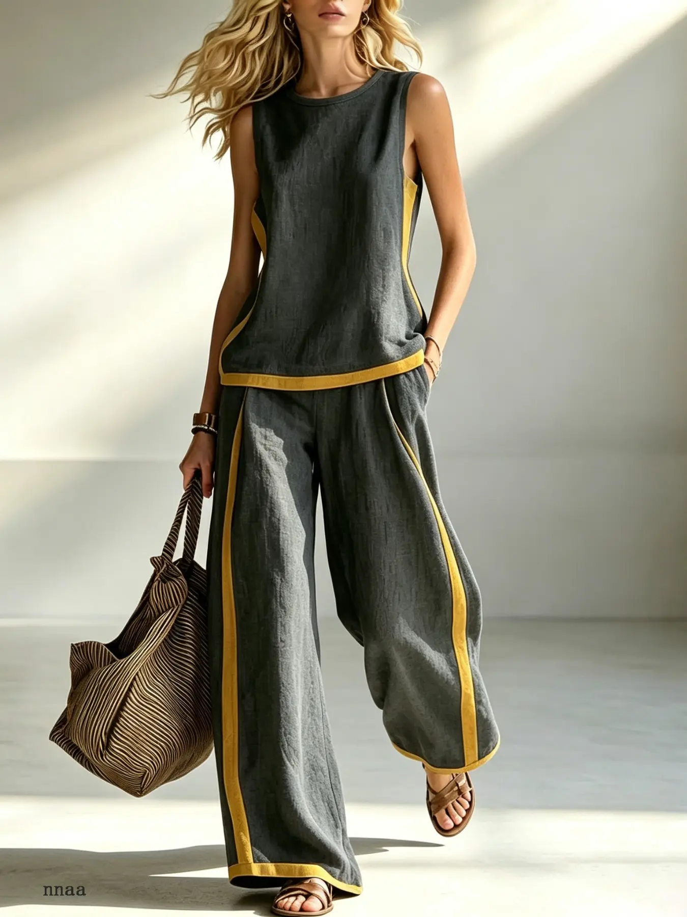 Women's Colorblock Sleeveless Two-Piece Set, Loose-Fit Boho Style, Breathable Summer Lounge Wear, Soft Wide-Leg Pants
