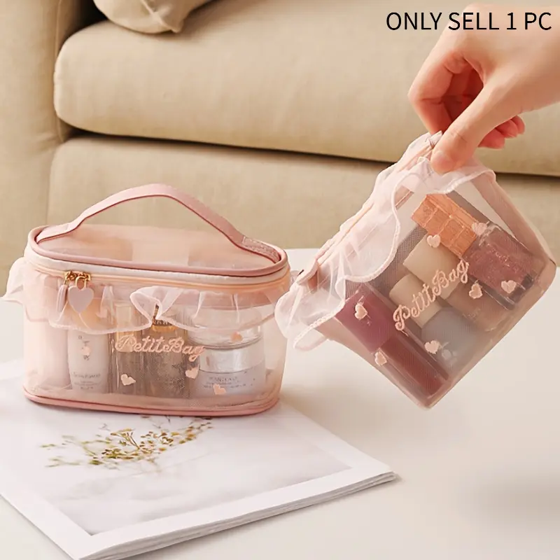 1 Piece Cute Lace Mesh Cosmetic Bag with Ruffle Trim & Heart Embroidery, Portable Girls Makeup Storage Organizer, Zipper Closure Toiletry Pouch for Travel, Daily Use and Gifting, Cosmetic Travel Bags