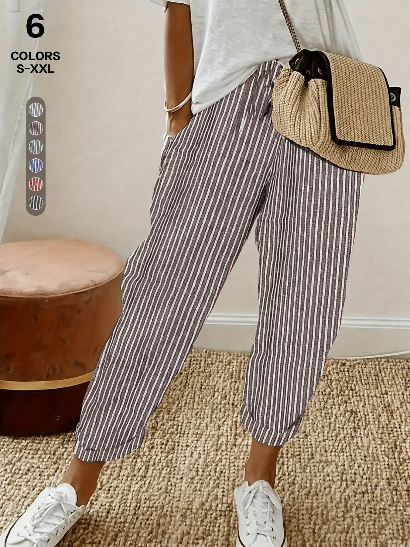 Minimalist European Casual Loose Striped Cropped Trousers Pants, Rolled Hem Tapered Design, Comfy Outdoor Loungewear for Petite & Plus Size Ladies，wear