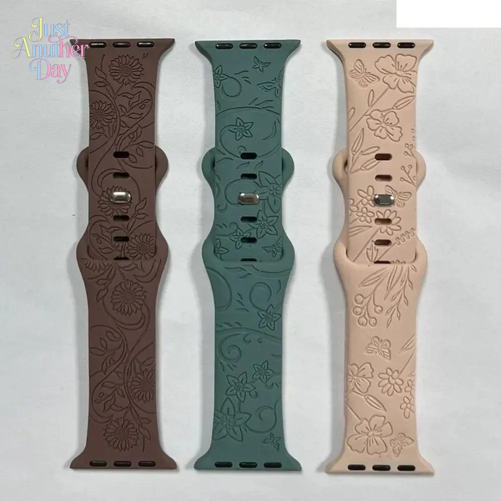 Engraved Floral Watch Band – Fashion Bracelet Strap for Apple Watch, Fits 38–49mm