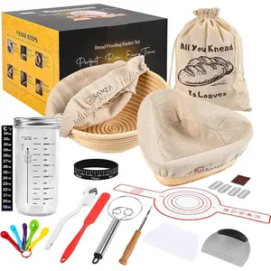 Sourdough Starter Kit - 18Pcs Banneton Bread Proofing Basket Kit with 24oz Glass Jars - 9" Round and 10" Heart Shape Basket with Liners - Sourdough Essential Supplies Tools - Ideal Gift for Women