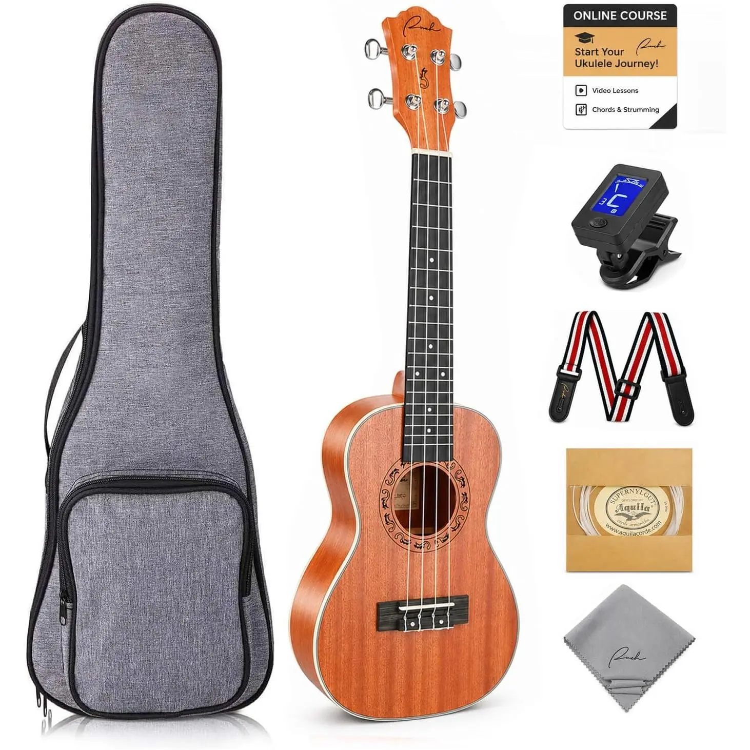 23" Concert Fretboard Ukulele Kit for Beginners, Sapele Hawaiian Ukelele with Arched Body for 15% Sustain Richer Sound, Includes 12 Lessons, Gig Bag, Tuner, Strap, Aquila Strings (Ideal for Christmas, Graduations, Birthdays)