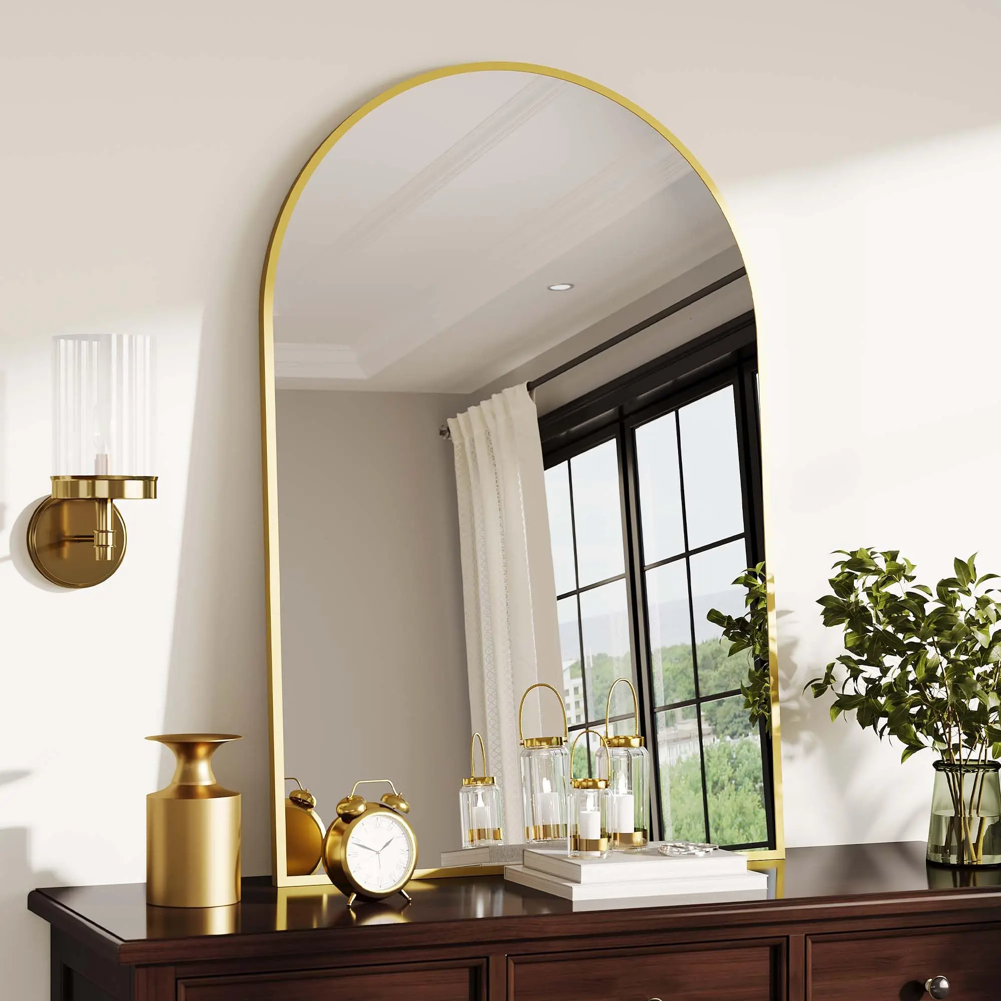 GARVEE Modern 30x40 Inch Arched Bathroom Mirror with Black Metal Frame, Tempered Glass, Rust-Resistant Finish, Suitable for Wall Mounting or Leaning, Ideal Vanity Mirror for Bathroom, Bedroom, or Entryway