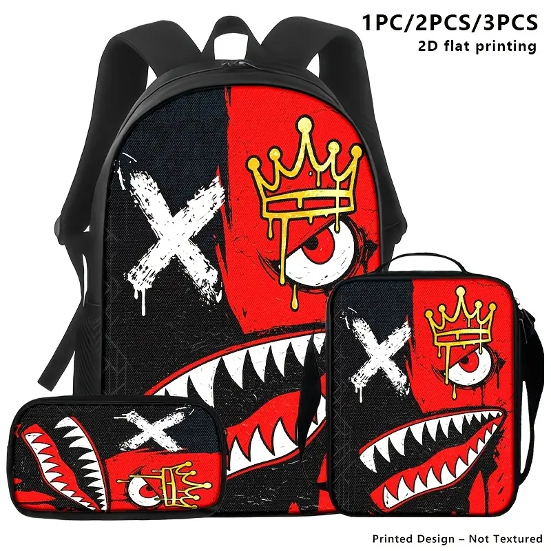 1-Piece/2-Piece/3-Piece Set (Backpack, Lunch Bag, and Pencil Case) featuring a red-and-black shark-mouth design and a gold crown "X" motif. Street-style aesthetic—perfect for school, daily commuting, travel, and casual outings—showcasing a bold, individua