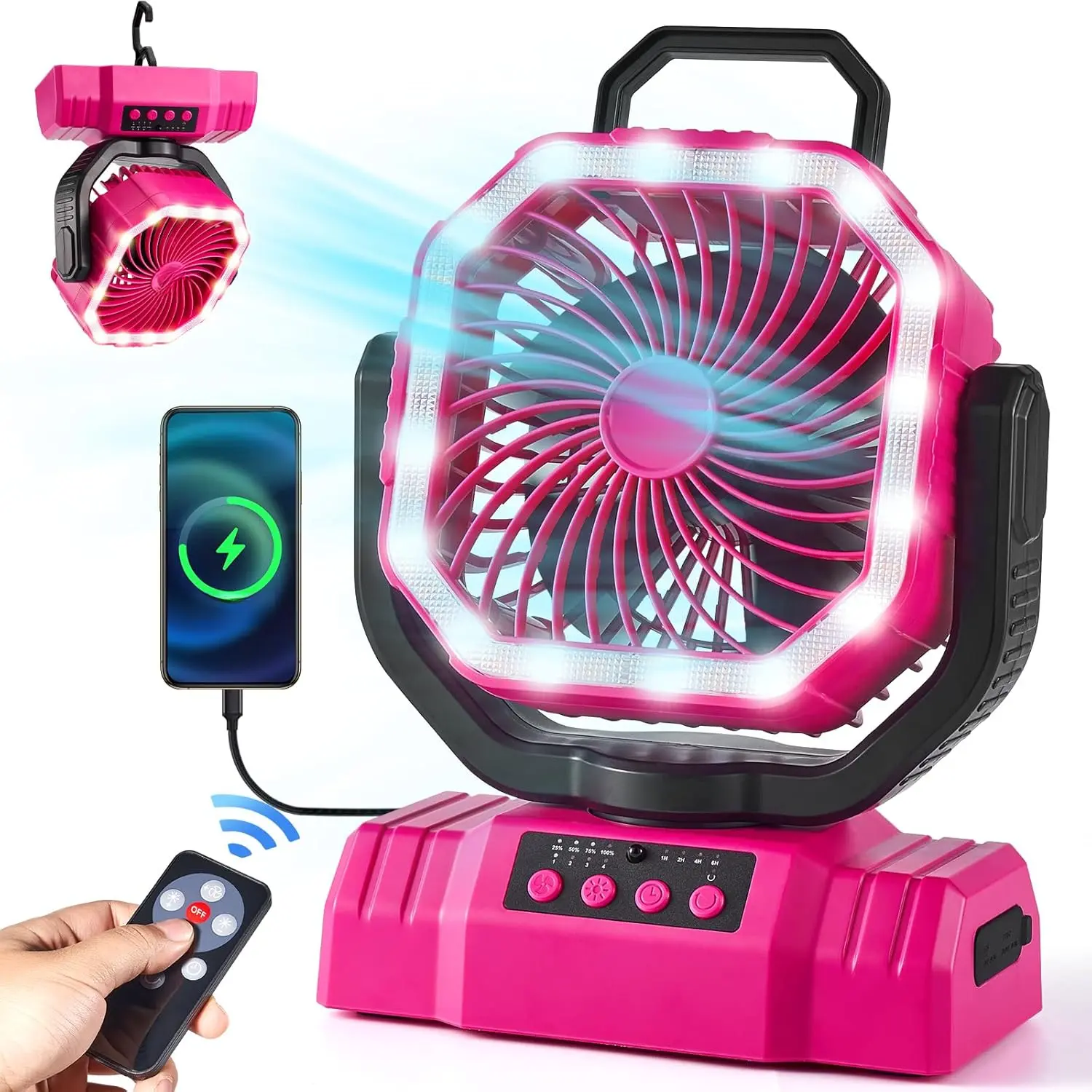 Portable Camping Fan with LED Lantern, 20000mAh Rechargeable Battery Powered Fan with Auto Oscillation, Timer, Remote, 360° Rotation Hook, 4 Speeds for Power Outage Travel Home, Pink