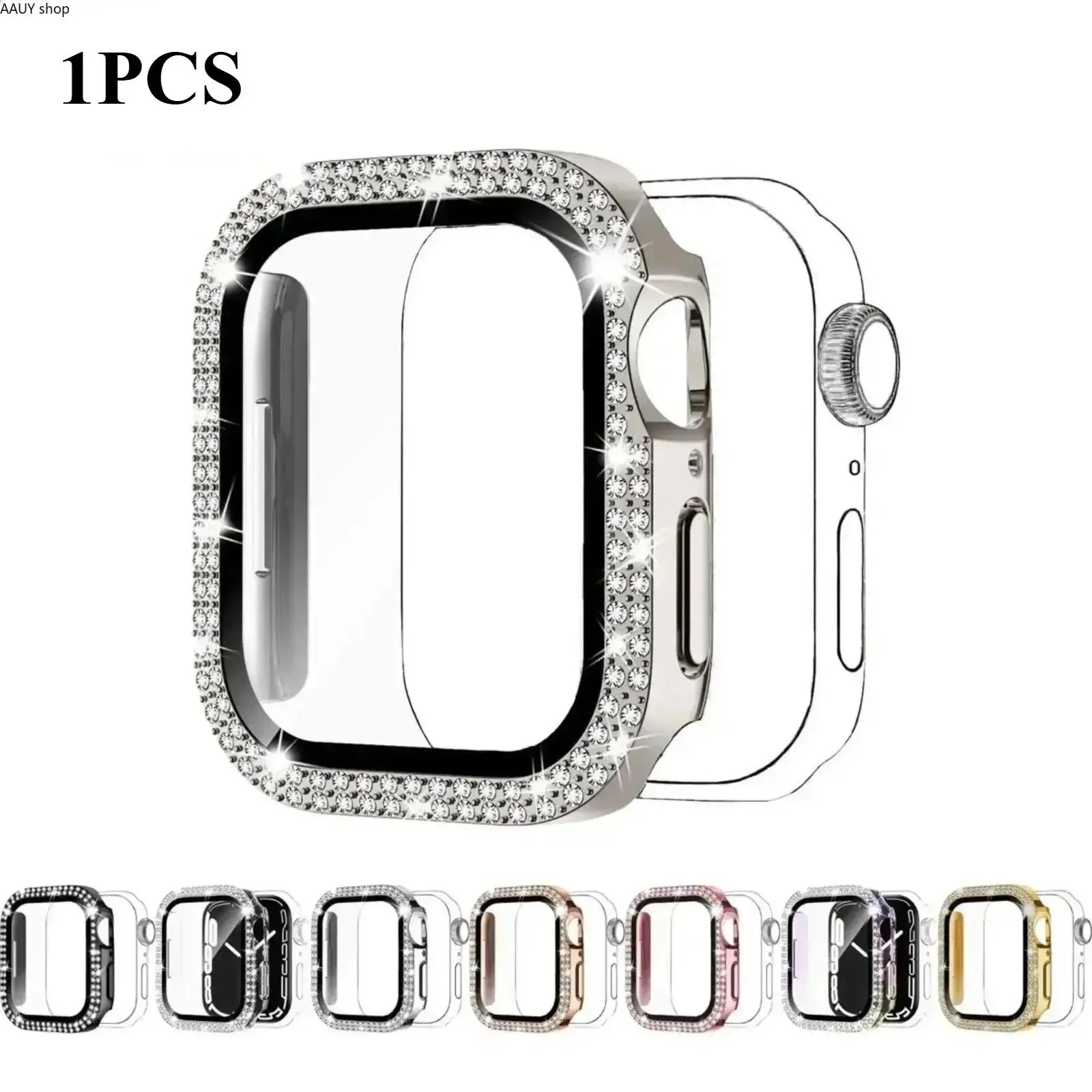 2-in-1 Rhinestone Watch Protective Case with Built-in Tempered Glass Screen Protector, Slim Anti-Drop Bumper Cover Compatible with Apple Watch Ultra, SE & Series 1-10, All Multi Sizes, Glam Unisex Wrist Accessory for Daily Wear, Dates, Parties & Trendy Ho