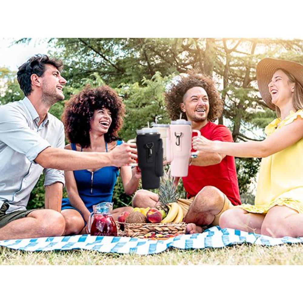 Water Bottle Carrier Bag with Phone Pocket for Stanley 40/30 oz Tumbler, Neoprene Water Bottle Holder Pouch with Adjustable Strap, Straw Cover & Carabiner, Ideal New Year & Valentine's Day Gift