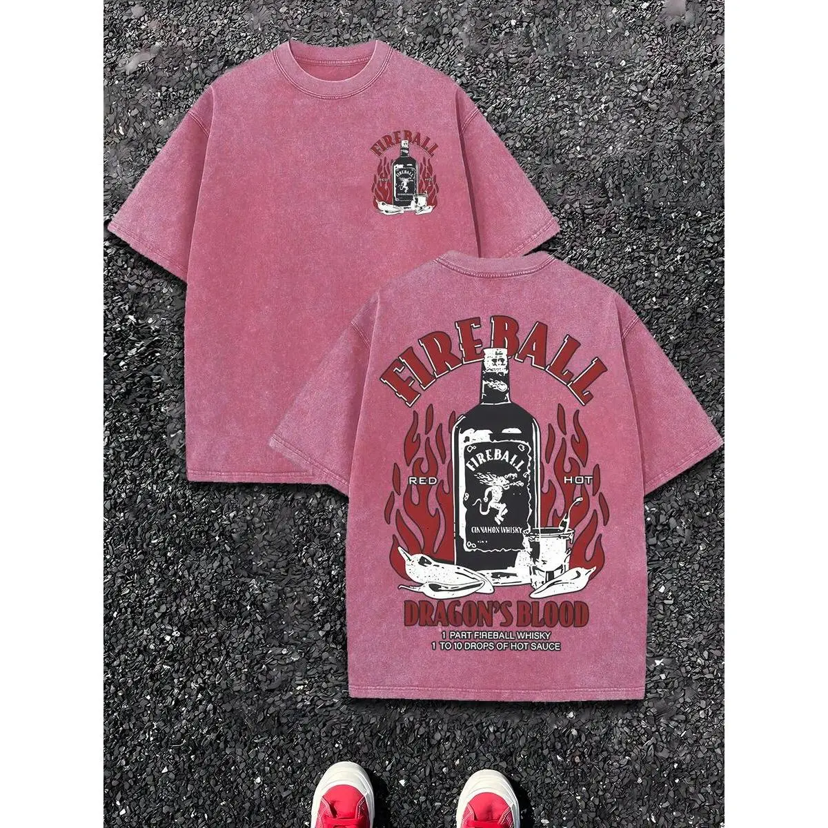 Fireball Whisky Graphic Tee Front Small Fireball Bottle Print Back Large Fireball Bottle With Flames Casual Short Sleeve Top
