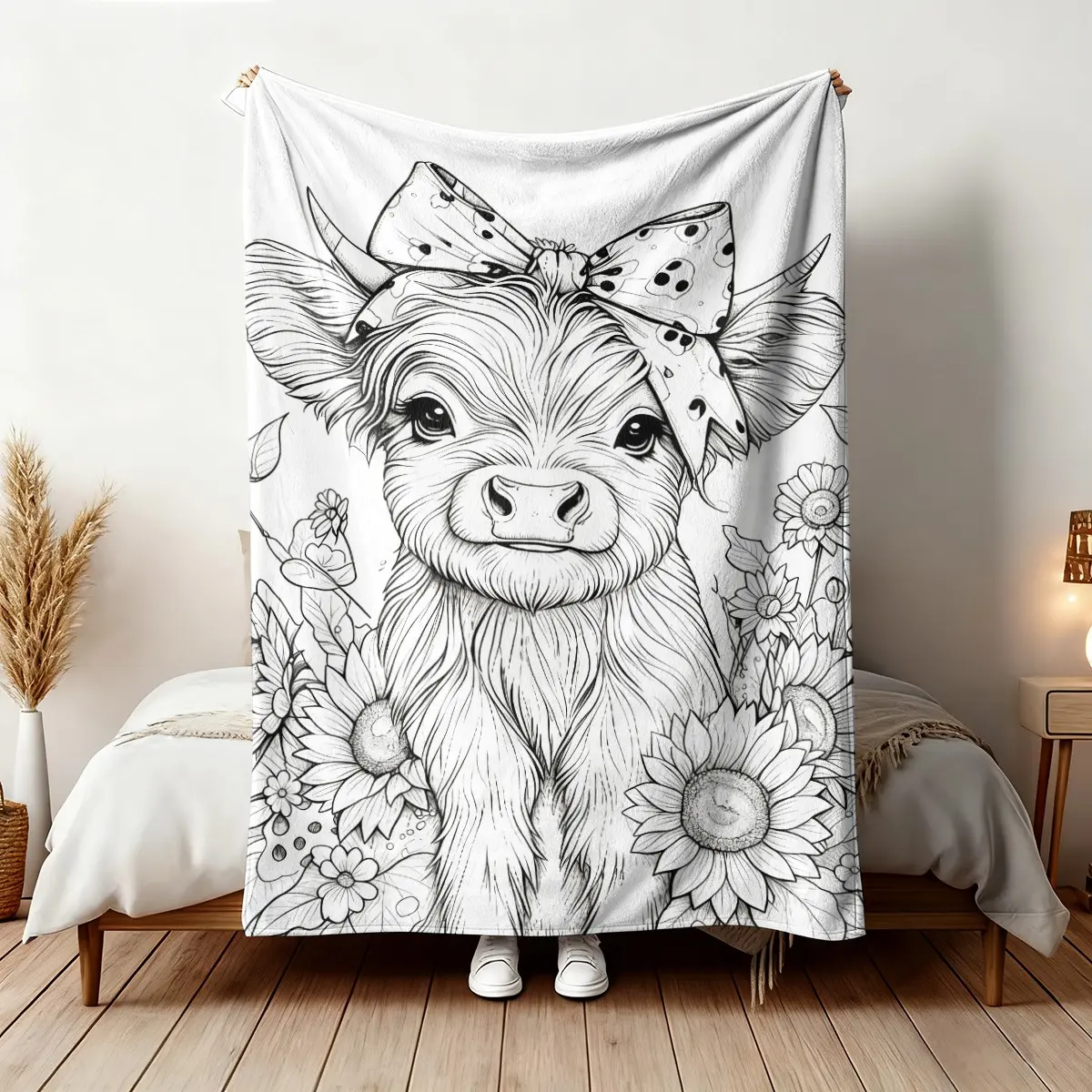 DIY Highland Cow Sunflower Coloring Blanket, Soft Flannel Nap Throw, Warm Decor, Decorative Blanket for Couch Bedroom Camping, Perfect Holiday Gift, Blanket Gifts